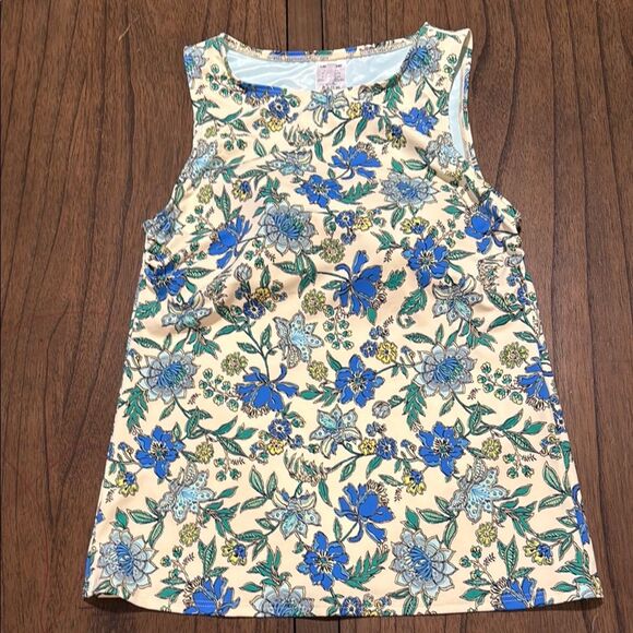 Lands' End Floral Blue Cream Swim Tank Top size 8 - Picture 1 of 7